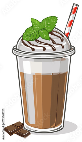 Chocolate mint milkshake illustration with whipped cream, syrup, and fresh mint in a to go cup