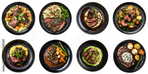 Fototapeta Naklejka Na Ścianę i Meble -  A set of different haute cuisine restaurant dishes with beef steak and side dish isolated on a transparent background PNG