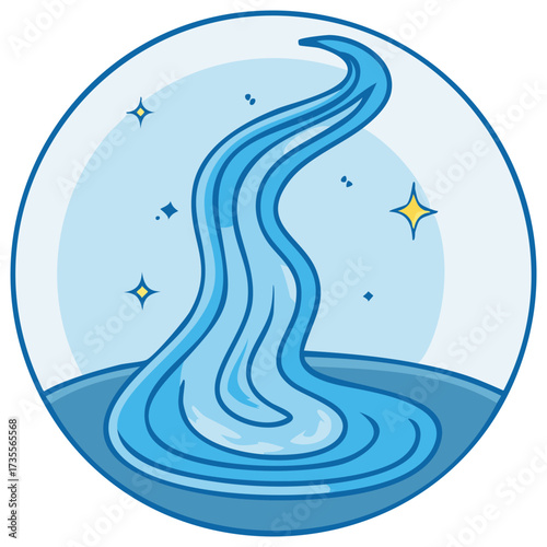Stylized Flowing Water Stream with Stars Icon in Circle Frame Background