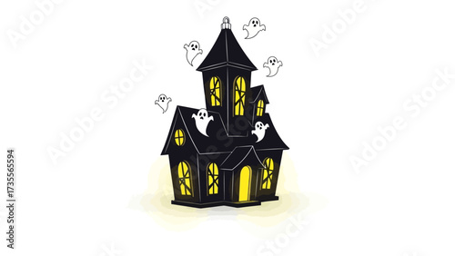 Haunted Halloween Home: A spooky house with glowing windows and playful ghosts creates a fun, seasonal graphic ideal for Halloween.