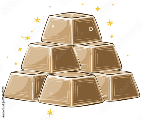 Pyramid of shiny gold bars and glittering stars symbolizing success and prosperity