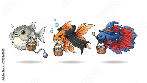 Whimsical Underwater Trio: Three enchanting fish, each adorned in unique attire, float gracefully through a stylized aquatic realm, carrying delicate easter eggs baskets.