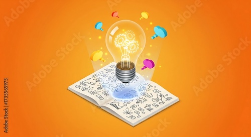A glowing lightbulb with gears inside illuminating a notebook filled with sketches and ideas.