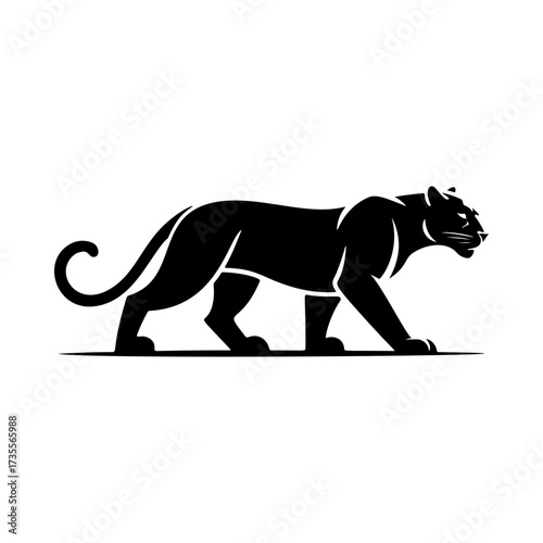 Illustration of a panther or cougar in a walking stance isolated on white background. Design element for emblem, sign, poster, badge. Vector illustration