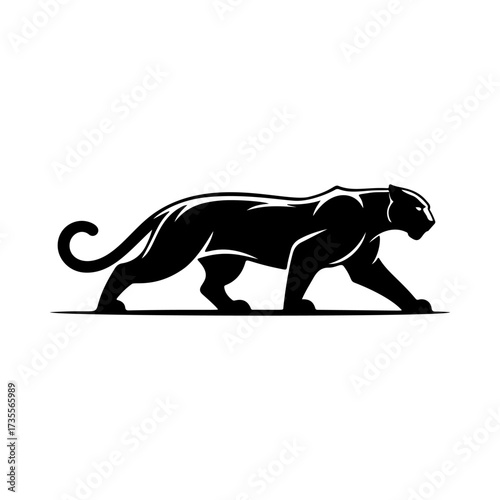 Illustration of a panther or cougar in a walking stance isolated on white background. Design element for emblem, sign, poster, badge. Vector illustration