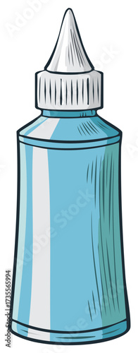 Cartoon illustration of a blue and white squeeze bottle with a pointy nozzle.