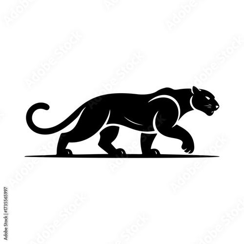 Illustration of a panther or cougar in a walking stance isolated on white background. Design element for emblem, sign, poster, badge. Vector illustration