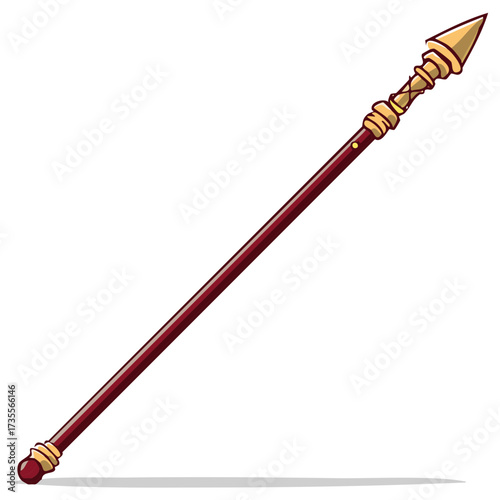 Classic combat spear weapon with decorative golden point and long wooden shaft cartoon style illustration