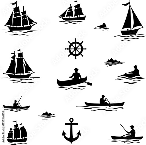 Nautical Sailing Boat, Ship Wheel, and Kayak Silhouette Bundle