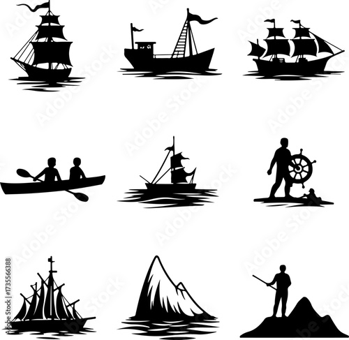 Nautical Sailing Boat, Ship Wheel, and Kayak Silhouette Bundle