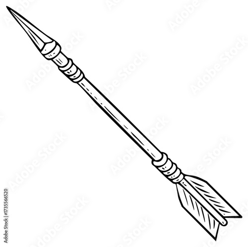Ancient tribal spear with fletching and pointed tip drawn in a classic outline style