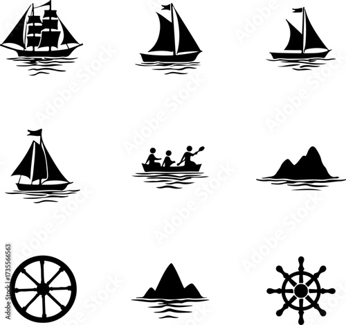 Nautical Sailing Boat, Ship Wheel, and Kayak Silhouette Bundle