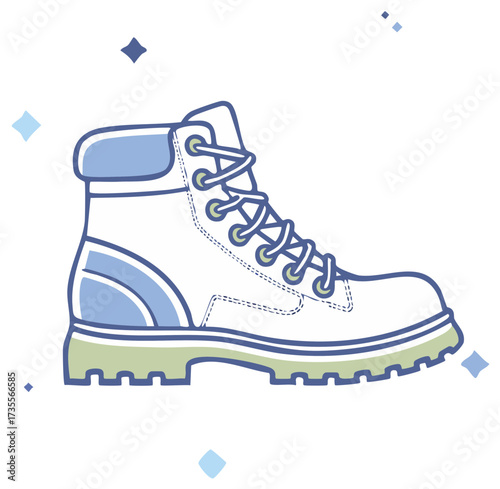 Stylized vector illustration of a sturdy hiking boot or work shoe with colorful accents