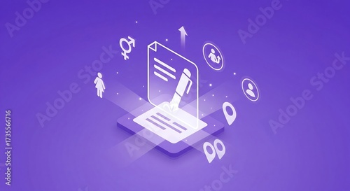 Isometric illustration of a document with a pen, surrounded by gender, location, and user icons on a purple background.
