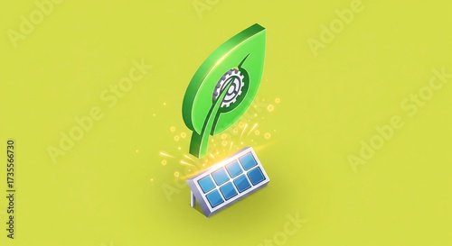 Green leaf with gears above a small solar panel, symbolizing sustainable energy and eco-friendly technology.