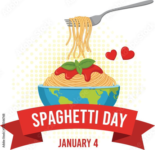Delicious spaghetti day celebration january 4th with fork and heart embellishments festive food art vector