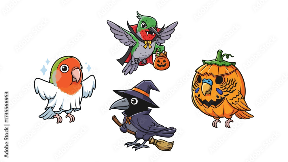 Obraz premium Spooky Halloween Birds: A collection of adorable illustrated birds in Halloween costumes, showcasing a playful and festive illustration.