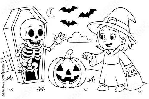 Halloween coloring page with a cute little witch, pumpkin jack-o’-lantern, friendly skeleton coming out of a coffin and graveyard. Fun spooky cartoon illustration for kids activity or coloring book