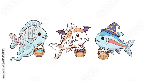 Whimsical Halloween Fish: Three charming cartoon fish, each adorned in Halloween costumes, hold miniature baskets of treats, creating a delightful illustration for the spooky season.