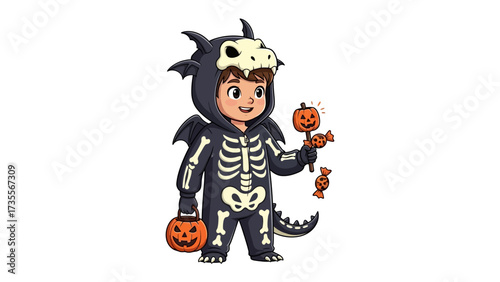 Halloween Dragon Costume: A charming child in a detailed dragon costume, holding a carved pumpkin treat basket and candy, the perfect blend of spooky and cute.