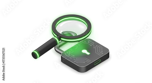 A glowing magnifying glass hovers over a digital padlock, suggesting security analysis.