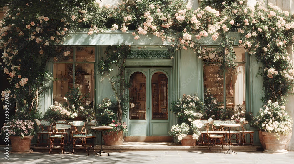 Obraz premium vintage french cafe storefront with turquoise door flowers patio seating romantic european architecture