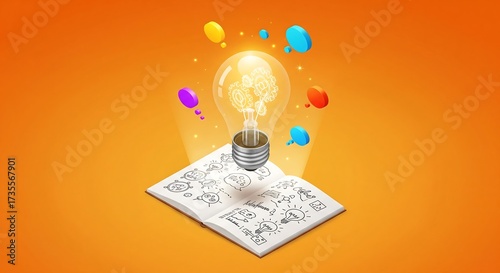 Illustration depicting a glowing lightbulb with a brain inside, hovering over a sketchbook with sketches.