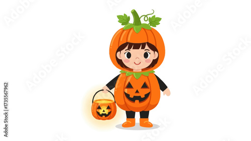 Pumpkin Costume and Treat Basket: A cheerful figure in a vibrant pumpkin costume, holding a glowing treat basket, ready to embark on a night of spooky fun and delightful treats. 