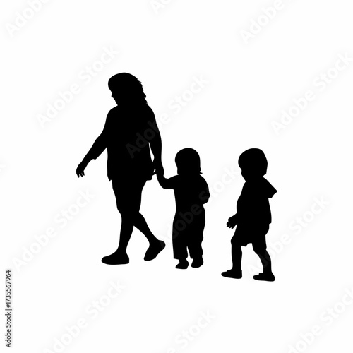 Silhouette of a caregiver guiding toddlers in a line during an outdoor walk isolated on white background