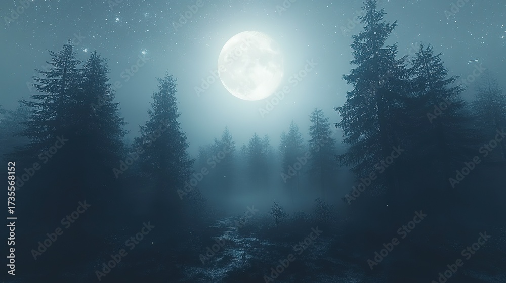 Naklejka premium Full Moon over Pine Forest with Starry Sky