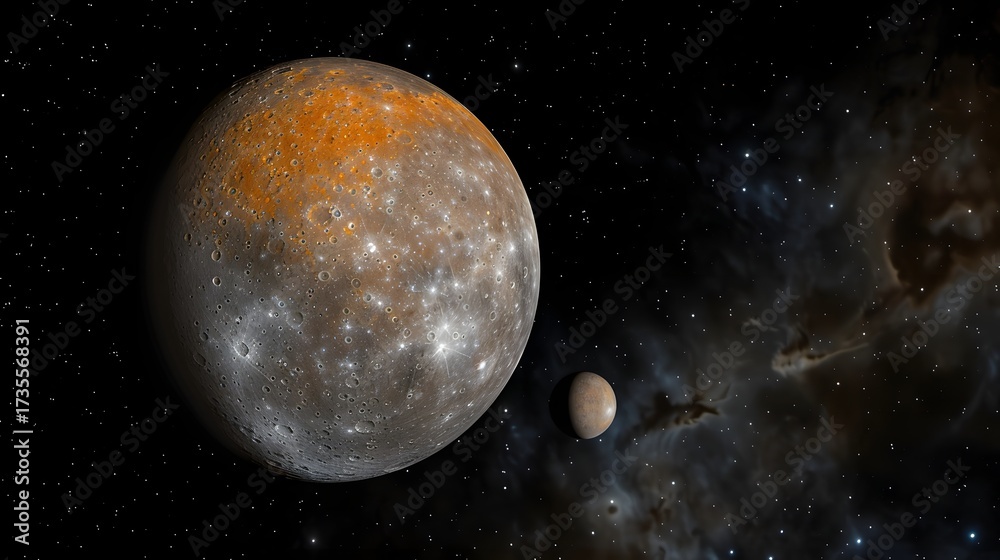 Naklejka premium A scientific-style rendering of the planet Mercury and a smaller celestial body in space. The surface of Mercury is heavily cratered, with an orange colored pole, set against a starry nebula.