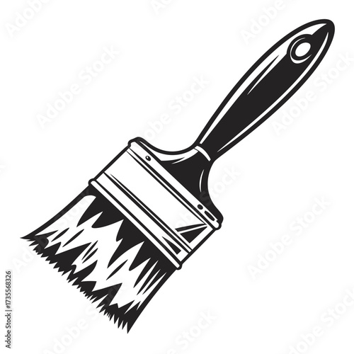 Stylized black and white illustration of a paintbrush with textured bristles on a white background Keywords: paintbrush, paint brush, art, artist, painting, drawing, tool, craft, DIY, home