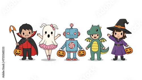 Halloween Characters: A colorful gathering of young children, each dressed in imaginative costumes, stands together, embodying the joyful spirit of Halloween in a captivating cartoon illustration.