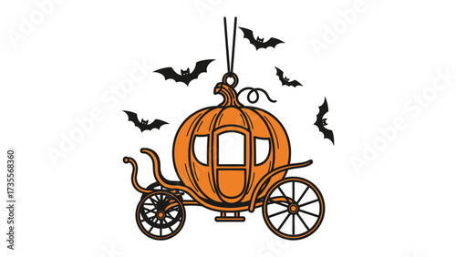Enchanted Carriage: A whimsically illustrated pumpkin carriage, perfect for Halloween, suspended mid-air against a black background, promising magical journey.