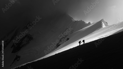 Alpinists Ascending Snowy Peak at Sunrise - Black and White Mountain Climbing Adventure