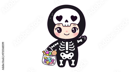 Cute Halloween Kid in Skeleton Costume: A charming child dressed in a delightful skeleton costume, embracing the Halloween spirit with a friendly wave and a bag of colorful treats.