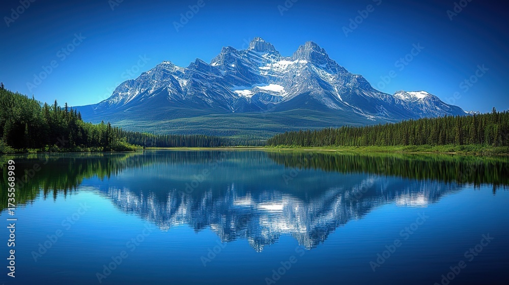 Fototapeta premium Snow - Capped Mountain Reflecting in a Serene Lake with Forested Shoreline