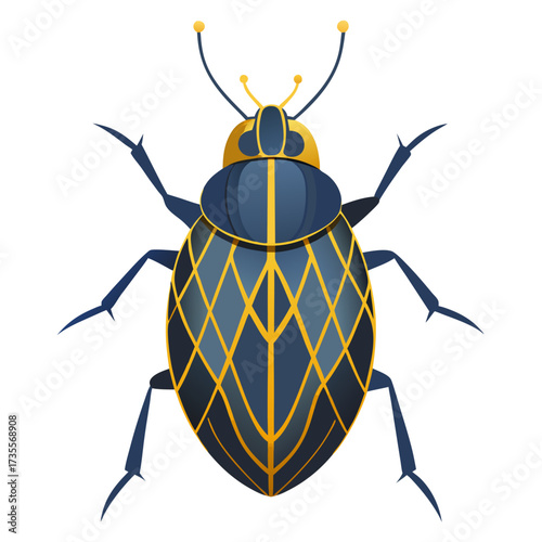Decorative Beetle with Yellow Diamond Pattern on Dark Blue Body Top View Vector Illustration