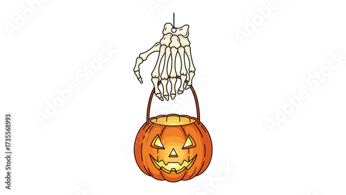 Spooky Halloween Basket: A bony skeletal hand delicately suspends a grinning jack-o'-lantern basket against a stark backdrop, evoking a playful chill of All Hallows' Eve.