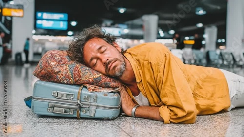Restless Traveler: A weary traveler finds solace on a luggage-turned-pillow in a busy airport, illustrating the exhaustion of travel and the need for respite.