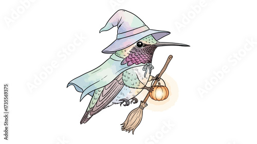 Hummingbird Witch: A whimsical illustration of a hummingbird adorned in a witch's hat and cloak, holding a broom and lantern, ready for a magical Halloween flight.