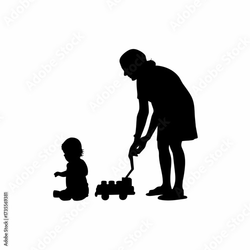 Silhouette of a caregiver guiding toddlers to build a toy train isolated on white background
