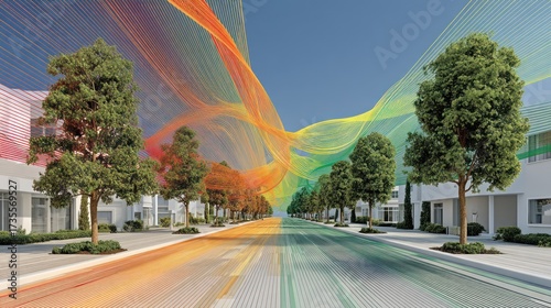 Futuristic urban street with vibrant, flowing data streams connecting modern residential buildings and green trees under a bright sky.