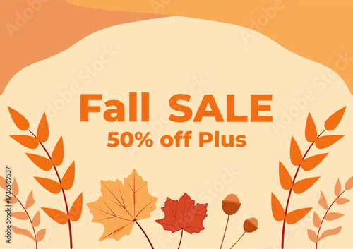 Fall sale banner. 50% off plus. Simple fall leaves composition. Vector illustration.