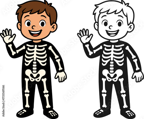 boy dressed in skeleton costume for halloween in colored and black and white style