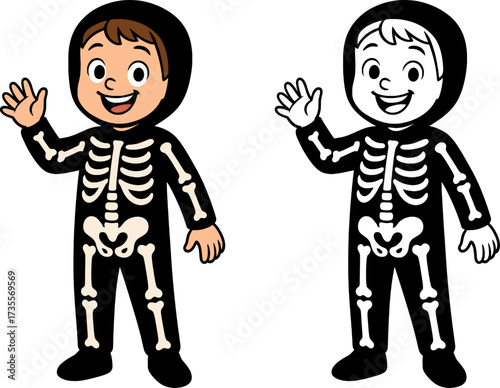 boy dressed in skeleton costume for halloween in colored and black and white style