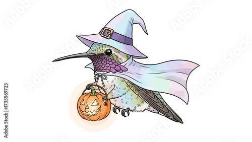 Whimsical Hummingbird at Halloween: A charming hummingbird, adorned in a witch's hat and cloak, holds a carved pumpkin lantern, creating a delightful and spooky seasonal scene.