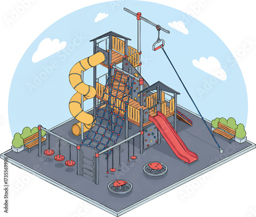 Children play on colorful playground equipment with slides and climbing structures under a partly cloudy sky, creating a joyful and active scene.