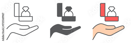 Proposal marriage icon, valentine and holiday, ring on hand sign, vector graphics, a linear pattern on a white background, editable stroke.