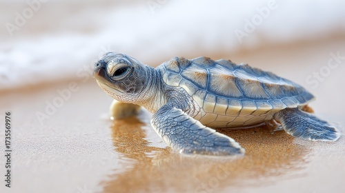 Newly hatched baby sea turtle journeying across sand toward ocean, showcasing nature's survival process. Wildlife conservation concept for endangered marine species beginning life